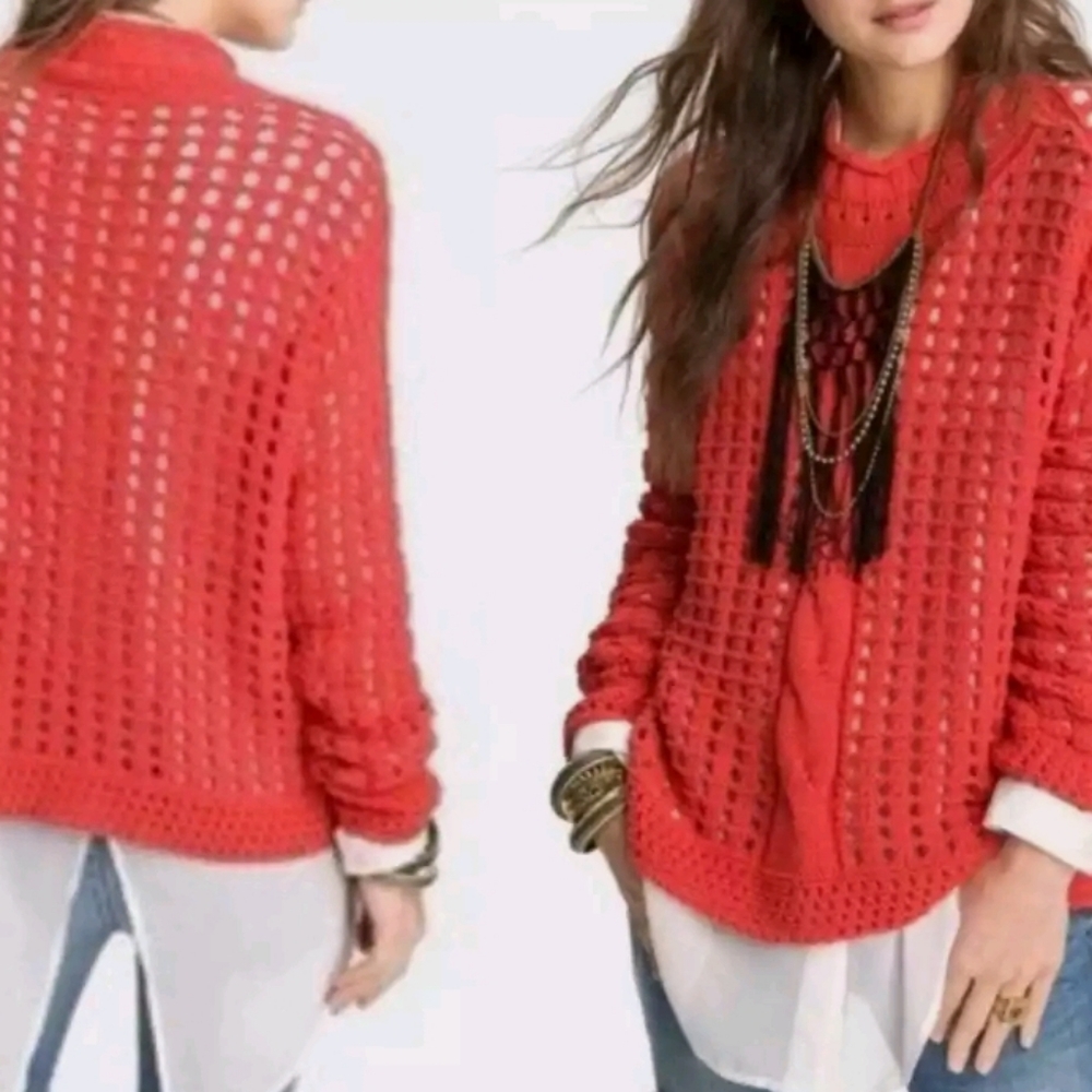 🦚 FREE PEOPLE Open Knit Crochet Moc Neck Pullover Oversized Sweater